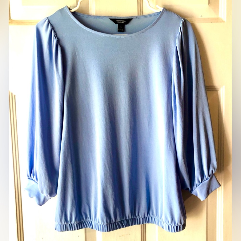 Simply Vera Wang Periwinkle Blue Gathered 3/4 Bishop Sleeve Knit Blouse Sz Small